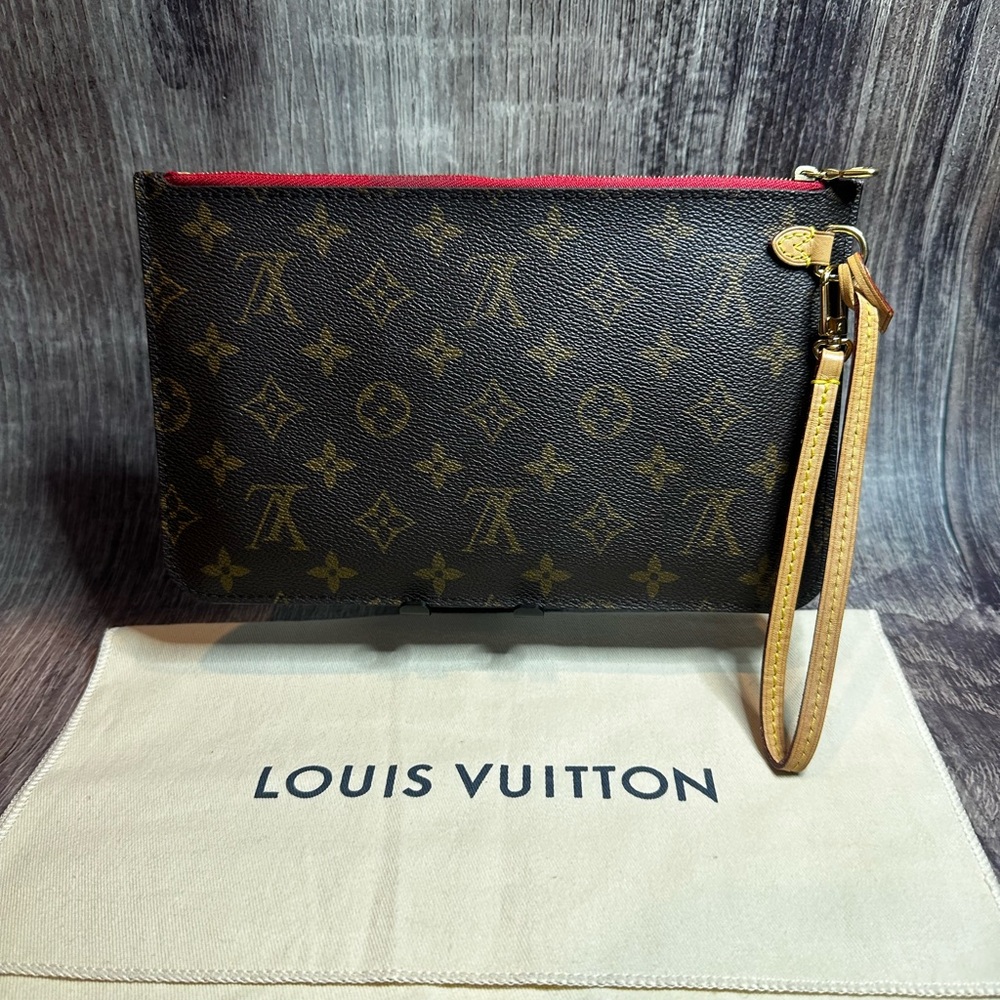 Louis Vuitton Pouchette Monogram Canvas Wristlet Clutch w/ Strap and Dust Bag